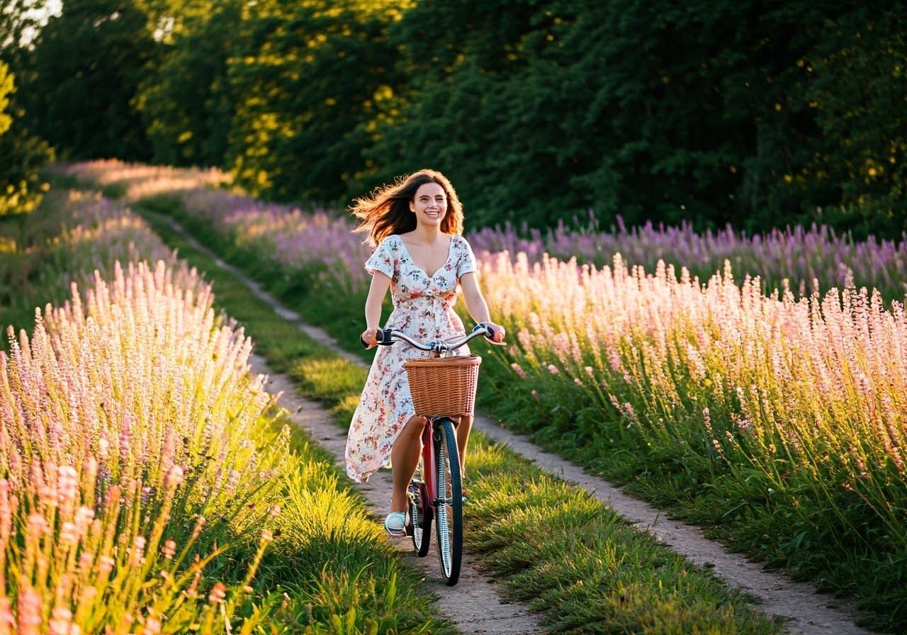 Woman Cycling Through Countryside in Watercolor Style