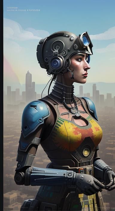 Cyberpunk Mecha Girl in Aztec Double Exposure