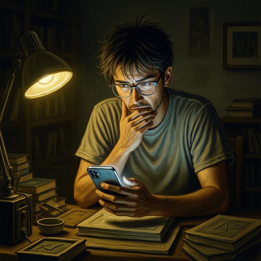 Man Stressed by Dark Desk Phone Call