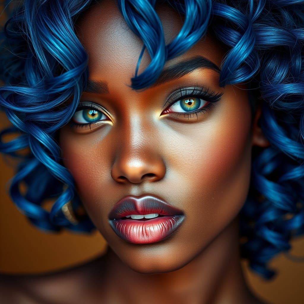 Elegant Black Woman with Emerald Eyes and Vibrant Blue Hair