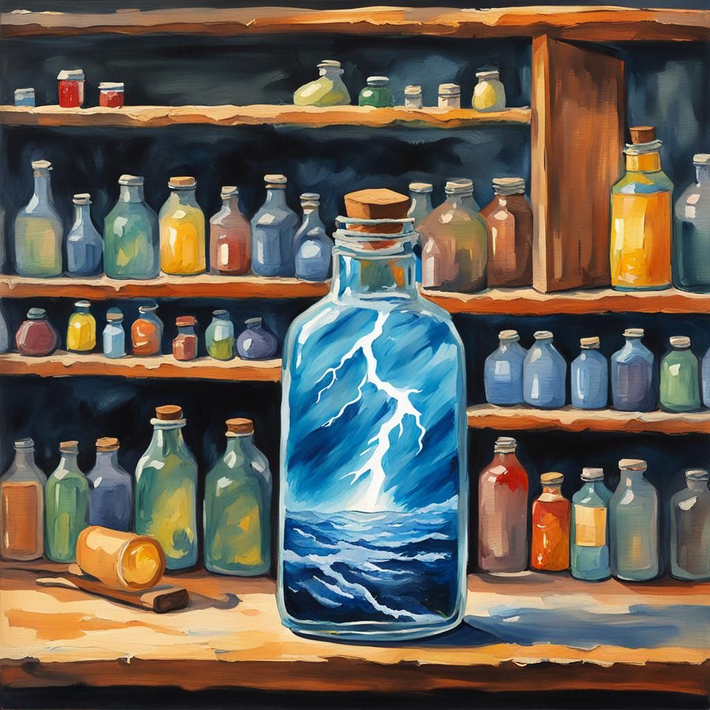 Bottled Lightning Storm as Gouache Painting