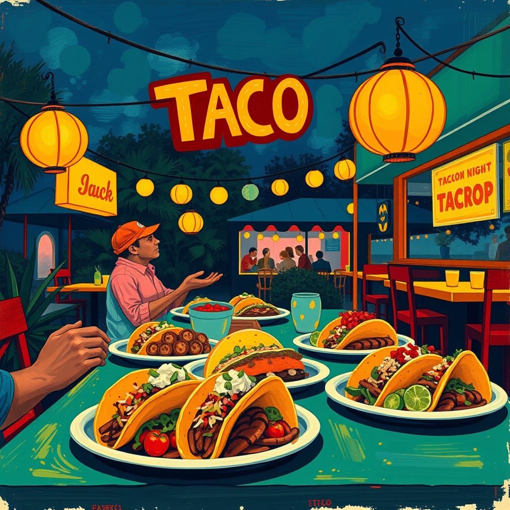 Whimsical Taco Night Scene in Bold Colors