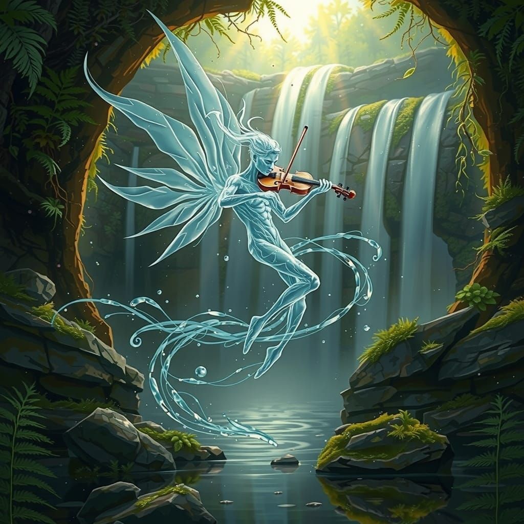 Ethereal Water-Man Plays Fiddle in Cascading Waterfall