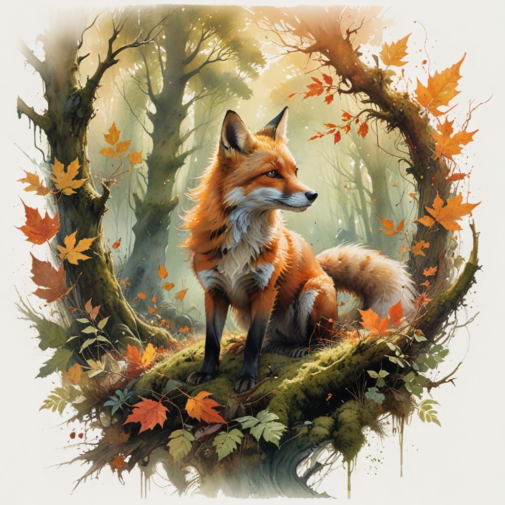 Red Fox in Autumn Forest Clearing with Dappled Light