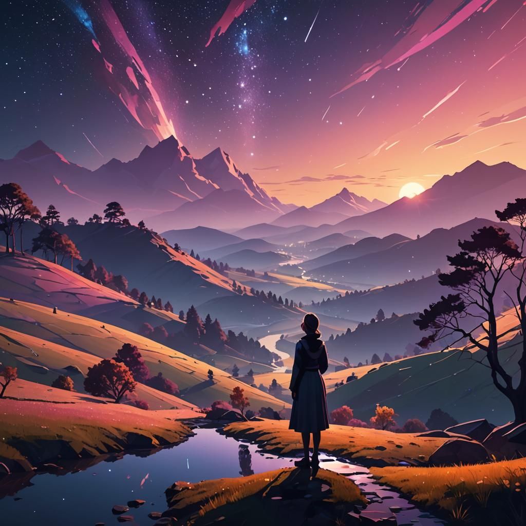 Contemplative Woman Under Starlight in Low-Poly Style