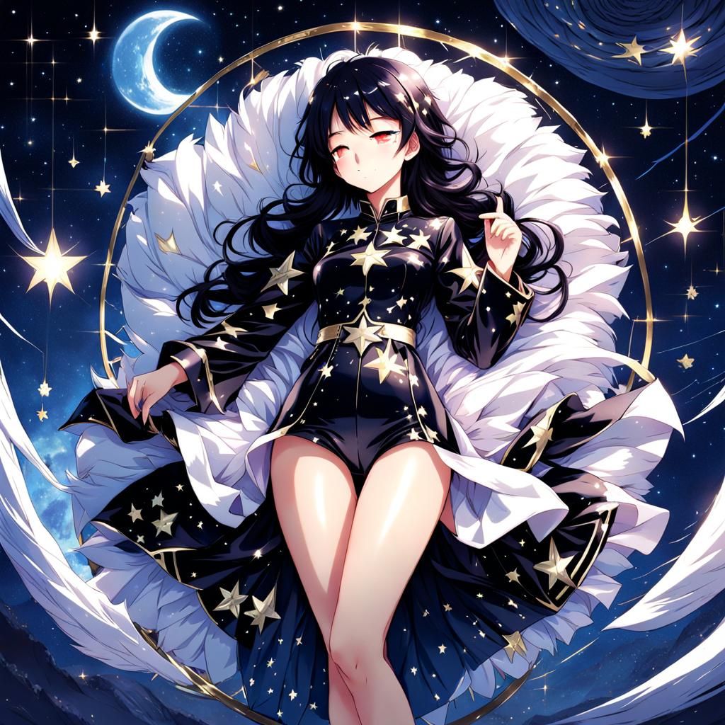 Woman in Starry Outfit Sleeping: Anime Style