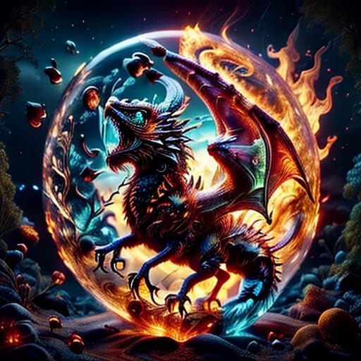 Vibrant Dragon Soars Across Tropical Island in Cosmic Glow