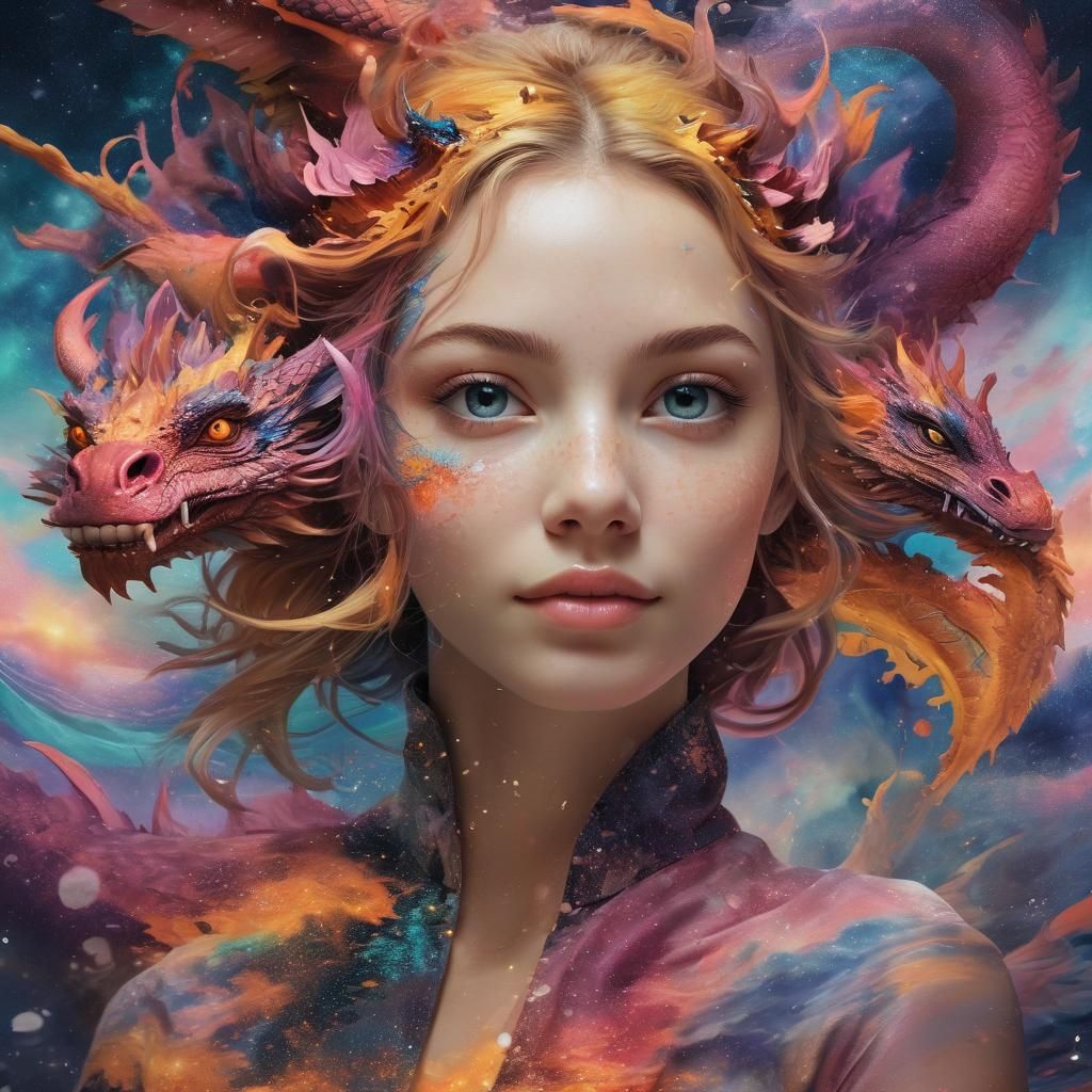 Serene Face Amidst Galaxy with Star Dragons