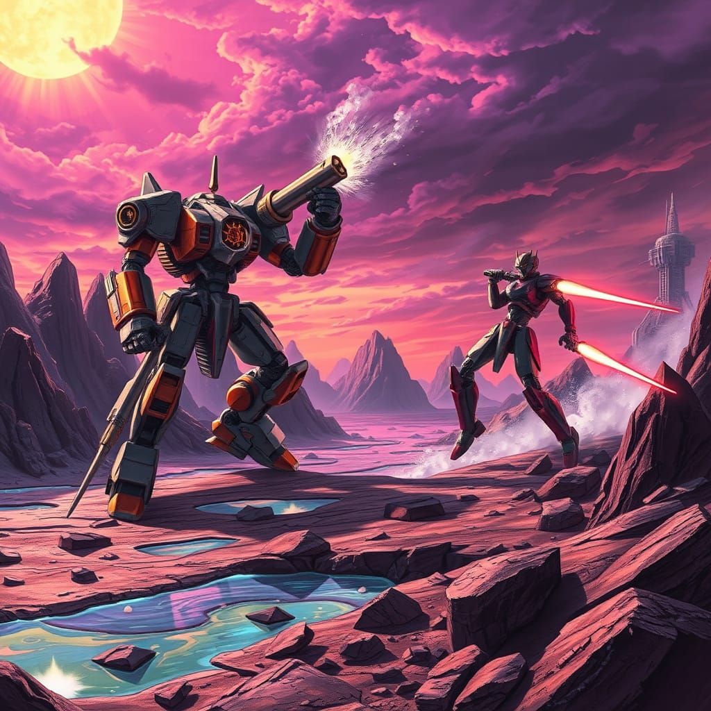 Mecha Duel on Alien Planet in Sci-Fi Style