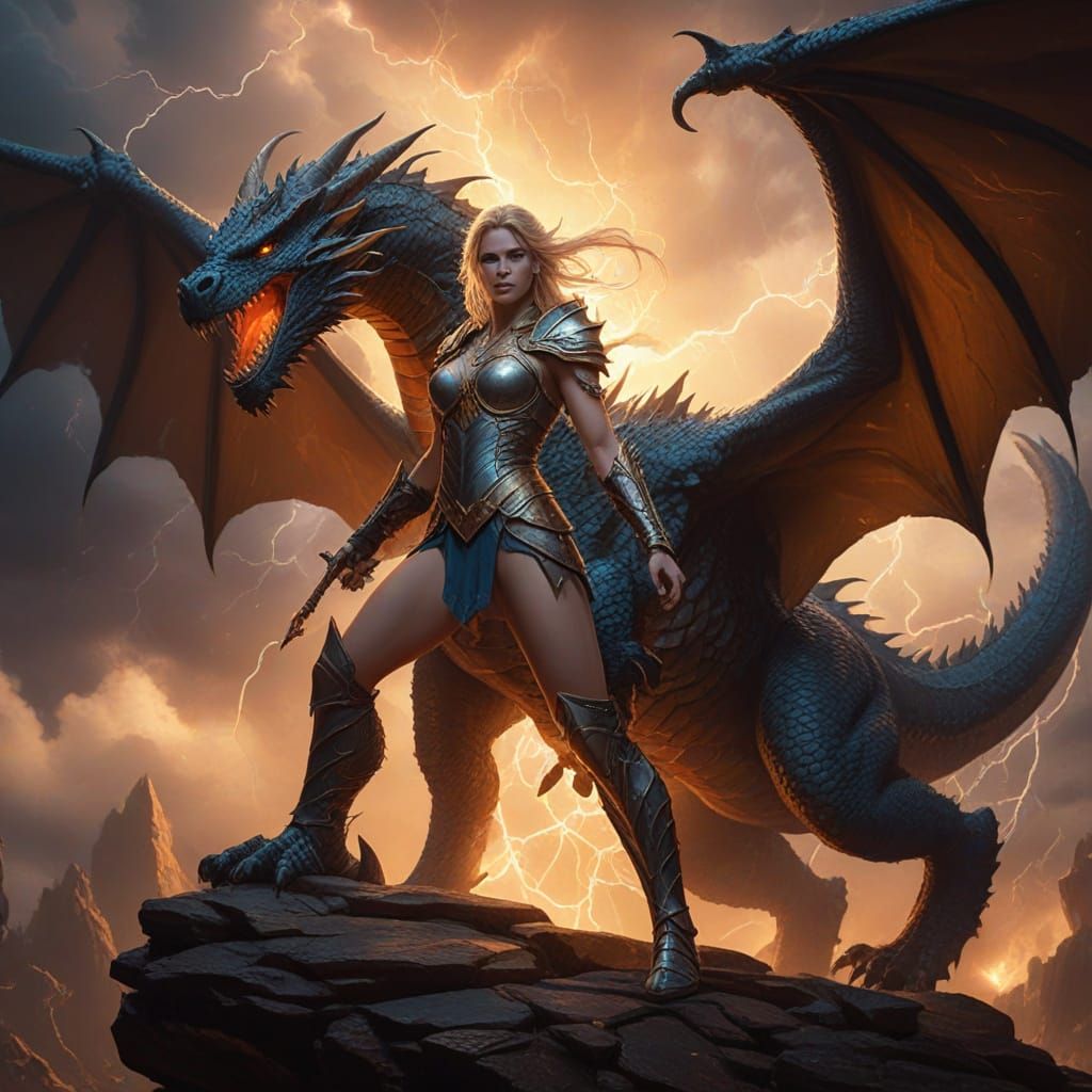 Ethereal Elven Warrior Rides Dragon into Stormy Skies
