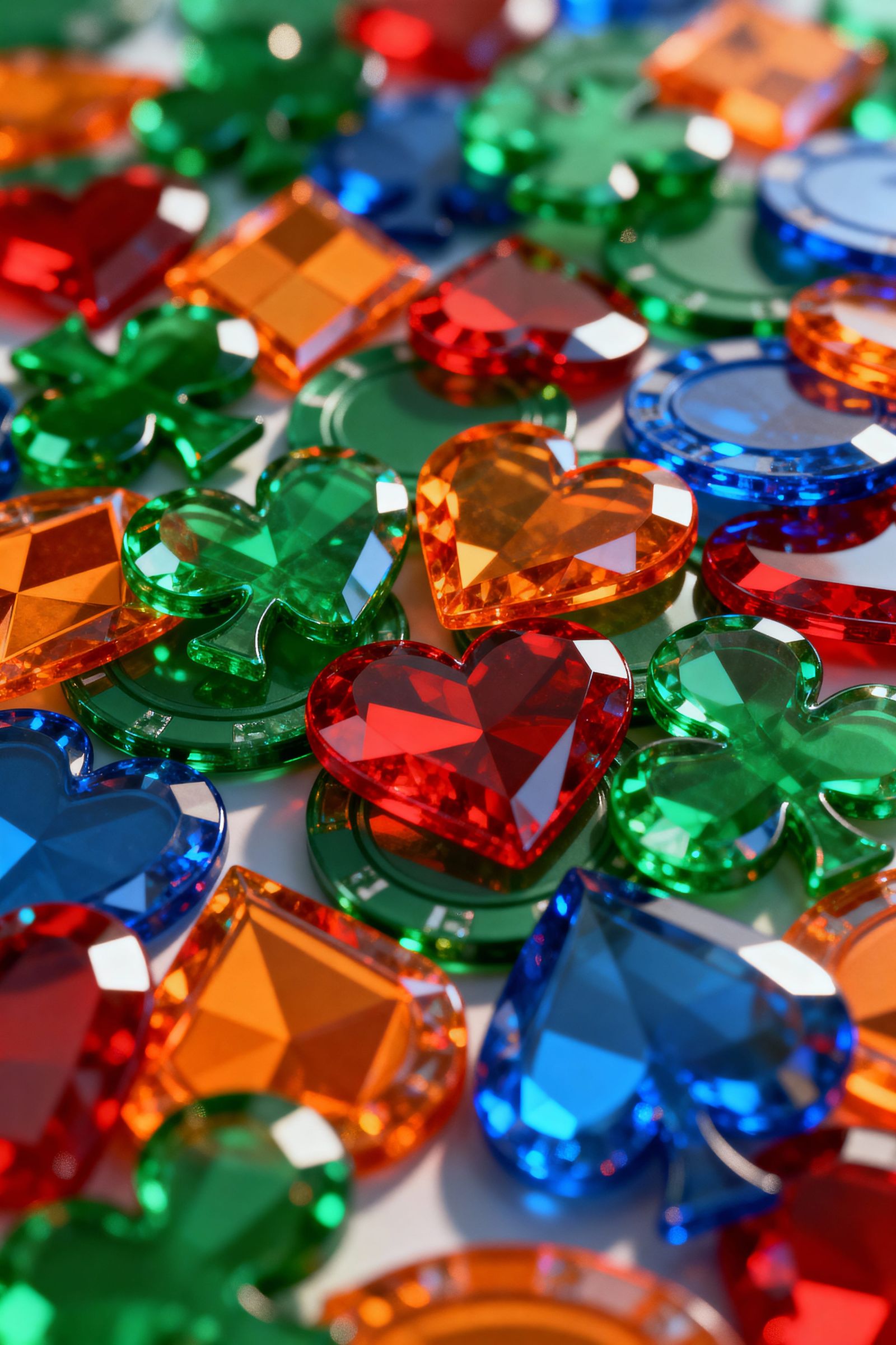 Vivid Glass Game Tokens: Clubs, Hearts, Spades, Rhombuses