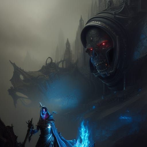 Metallic Skull Knight Sentinel in Gothic Flames