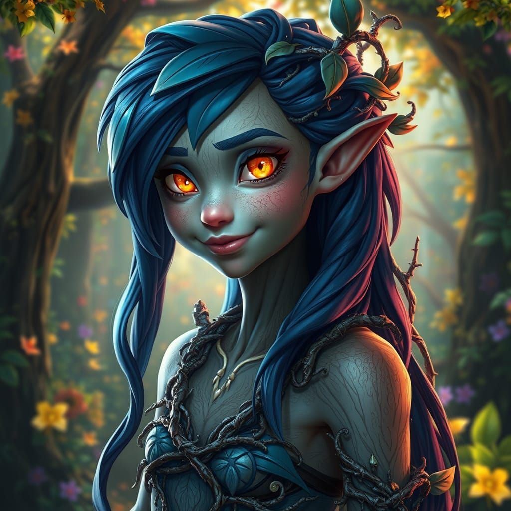 Mystical Sylvari Dryad in Vibrant Blue and Woodland Armor