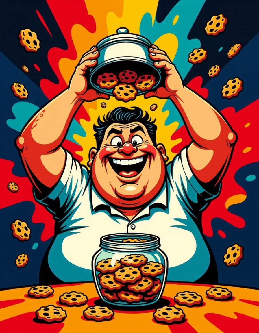 Rounded Man Greedily Pouring Cookies Into Mouth