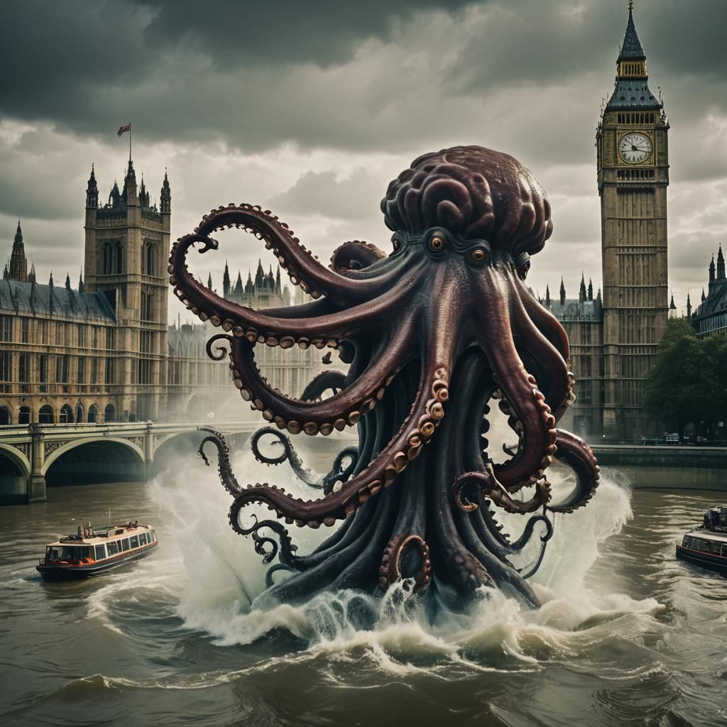 Giant Octopus Attacks Big Ben: Cinematic Film Still