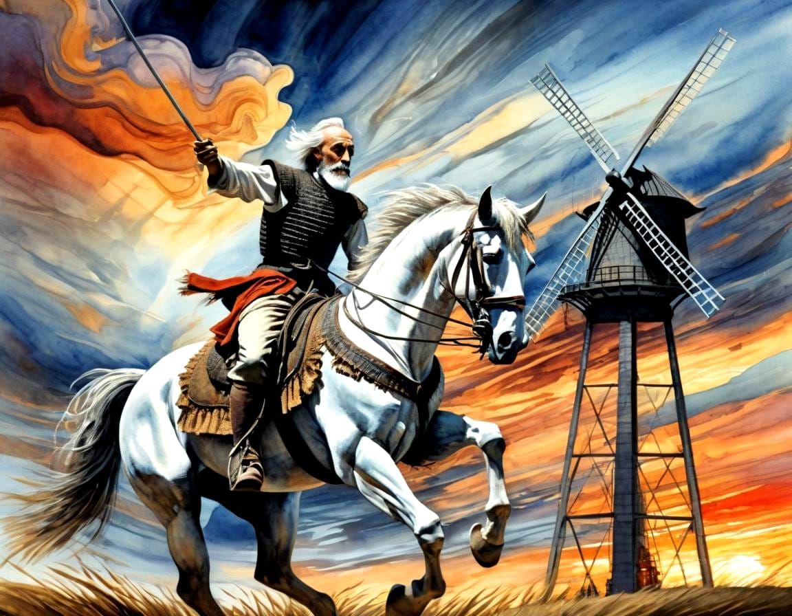 Don Quixote and the Windmill, Watercolor Illustration