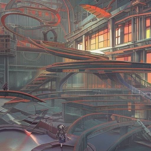 Post apocalyptic wonderland anime holographic retro Heidelbe...