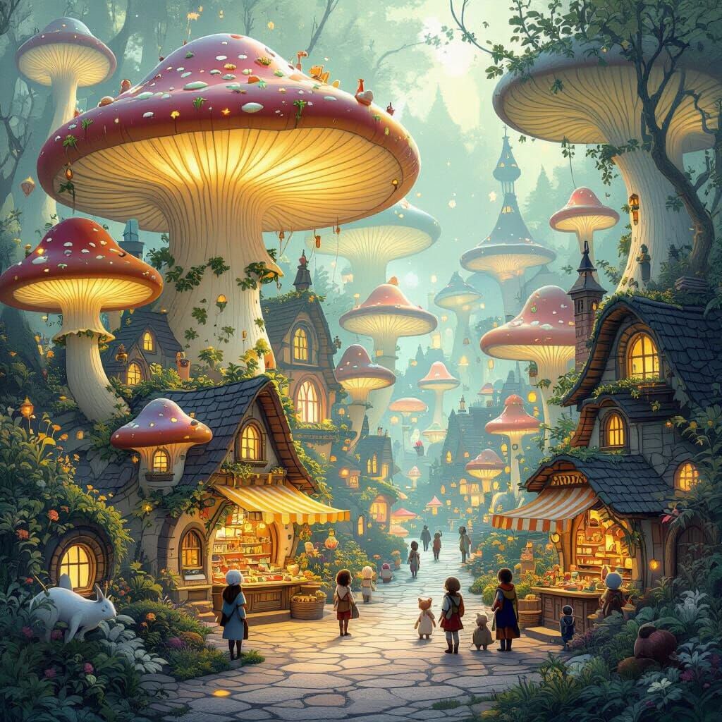 Whimsical Mushroom City with Peaceful Inhabitants