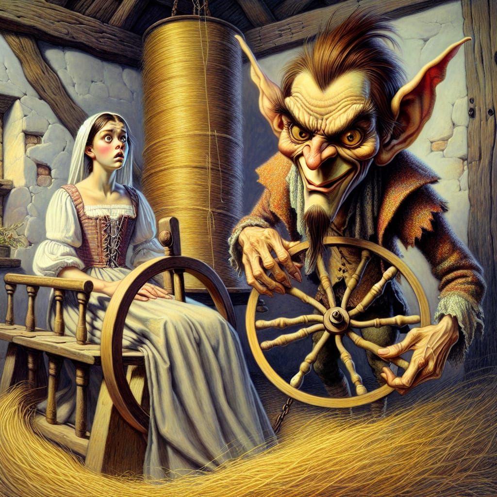 Depict the moment Rumpelstiltskin is revealed in a dramatic ...