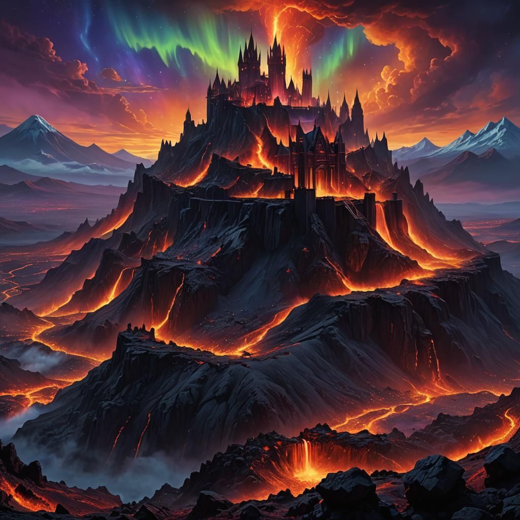 Gothic Volcano Castle Under Aurora Sky