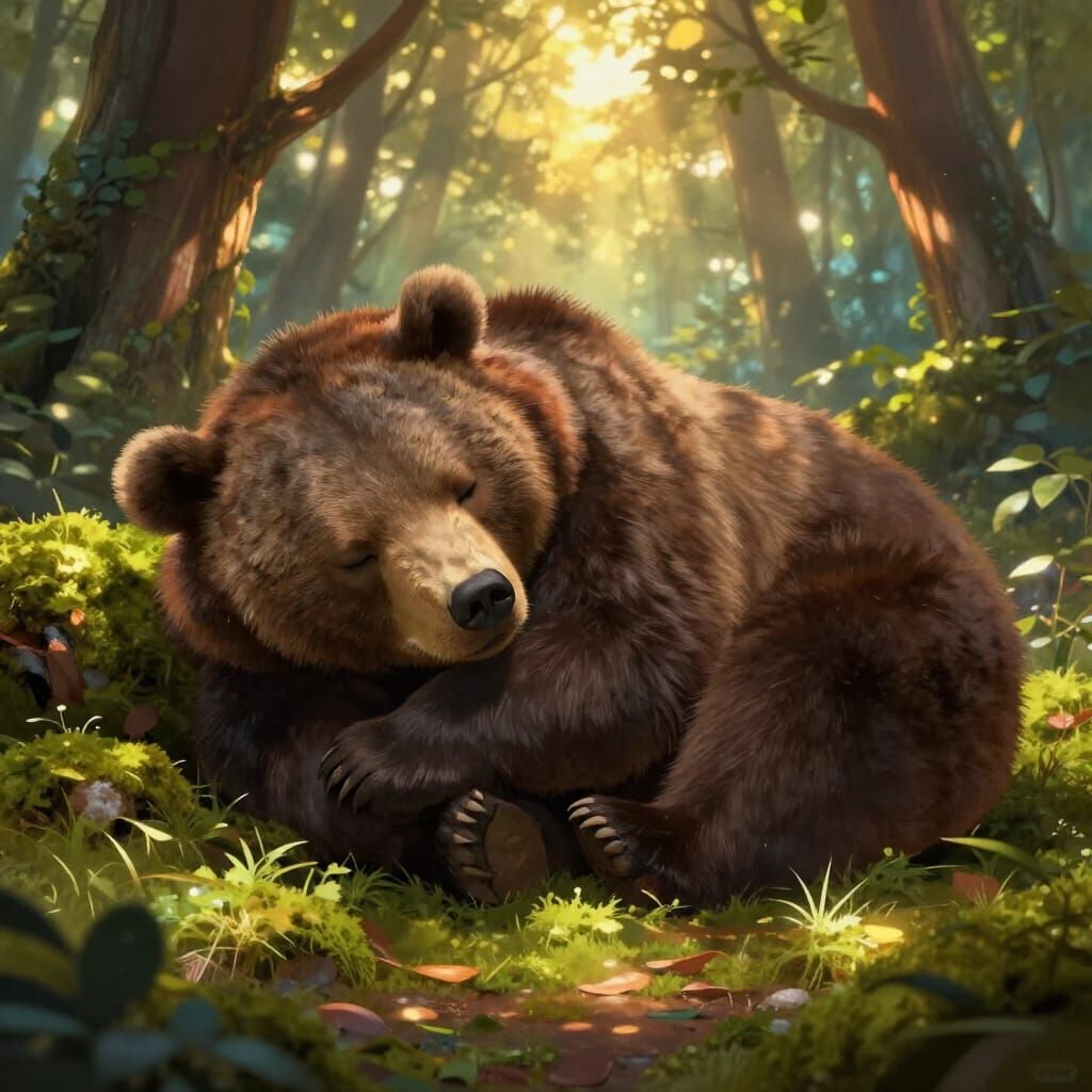 Peaceful Bear Sleeping in Enchanted Forest