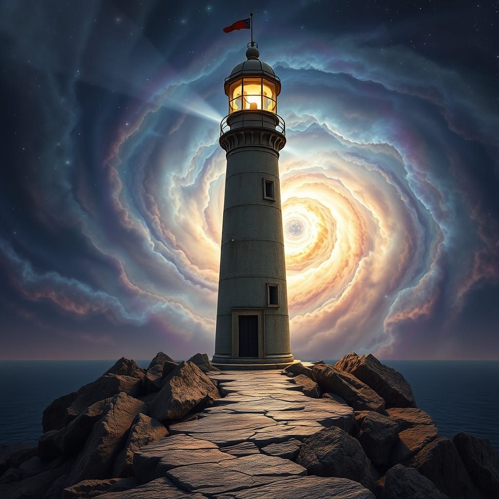 Lighthouse in Cosmic Nebula, Hyperrealistic Digital Art