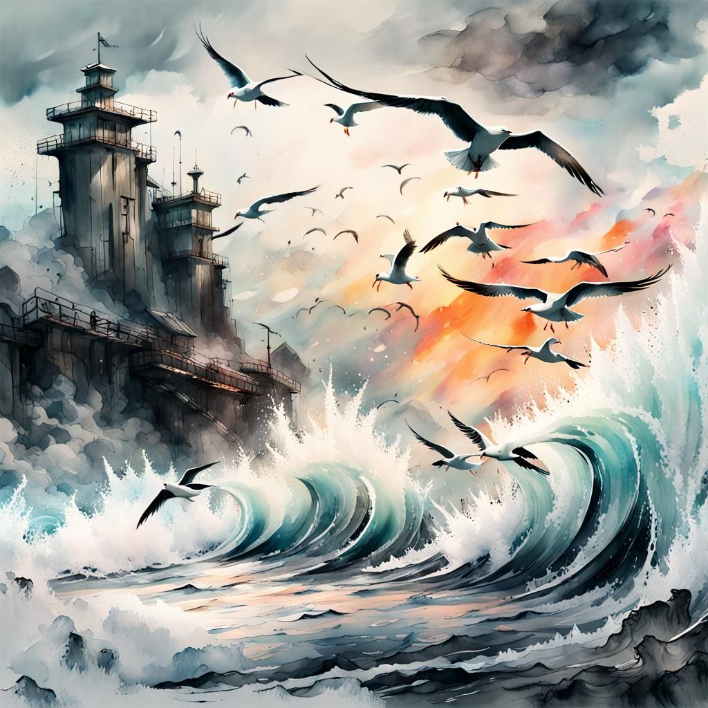 Fantasy Seascape with Flowing Waves: Watercolor Art