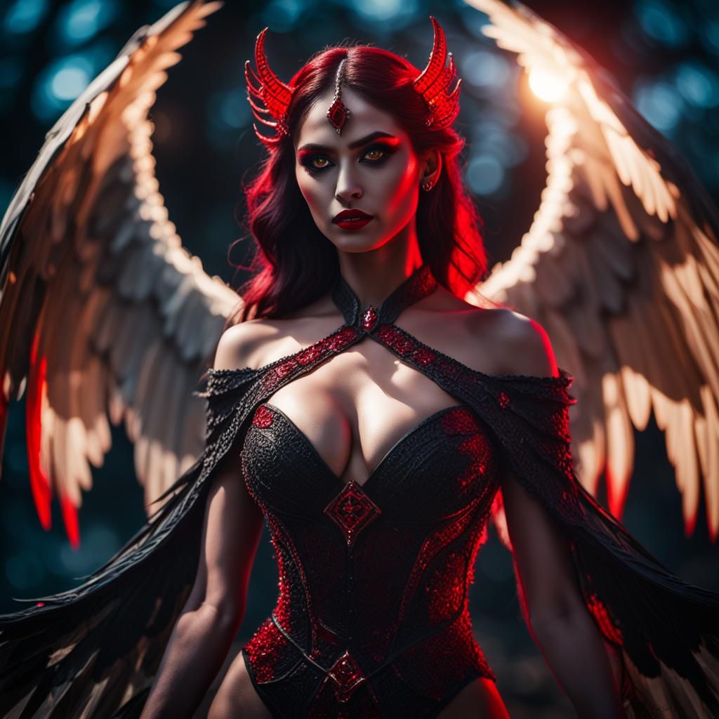 Demon Queen with Wings in Moonlight, Professional Photograph...