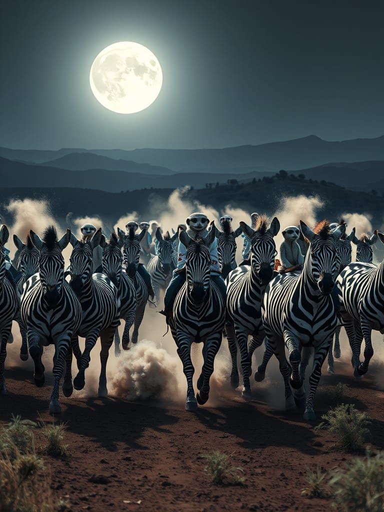 Zebras Charge Under Moonlight with Meerkat Riders