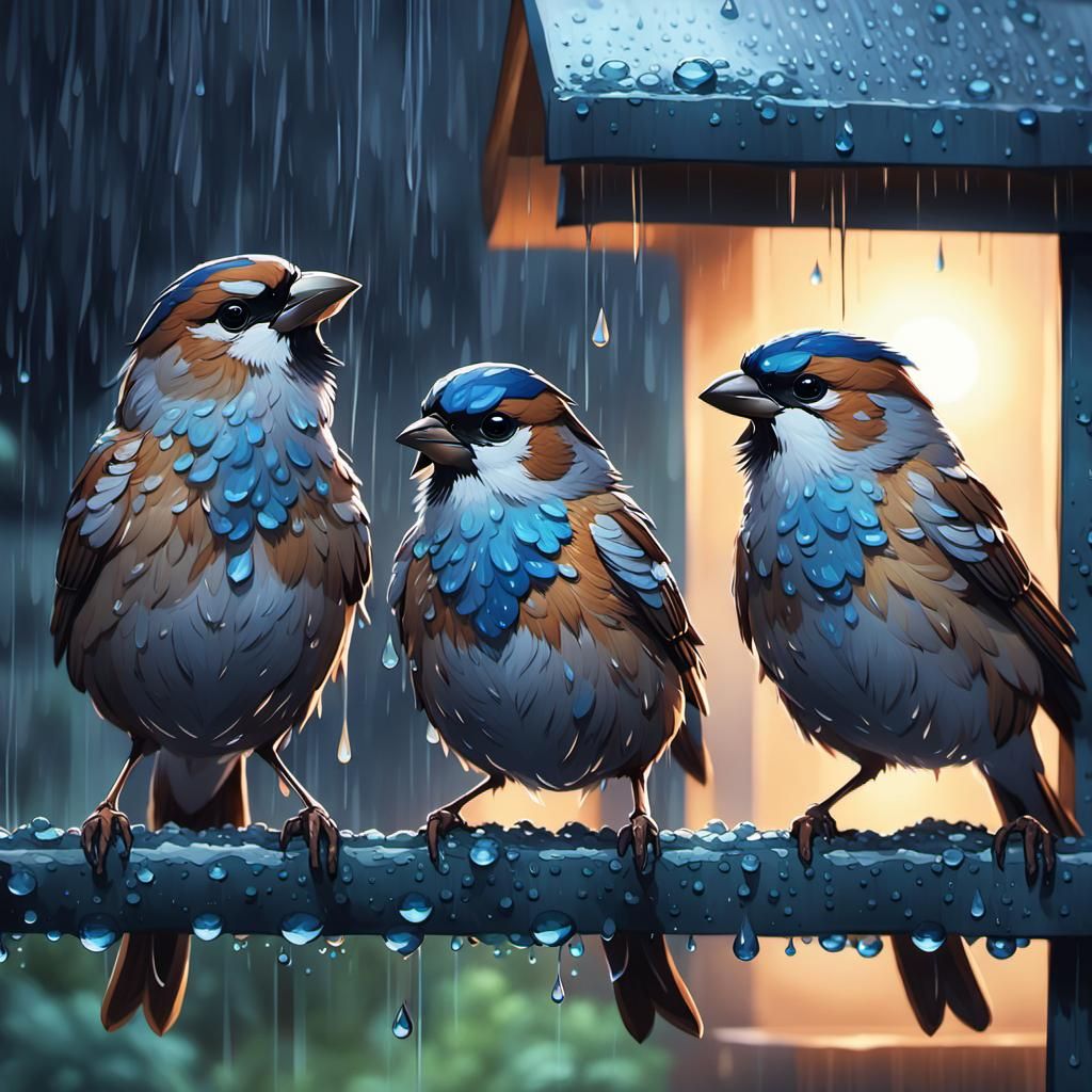 Sparrows in Rain: Vibrant Anime-Inspired Art