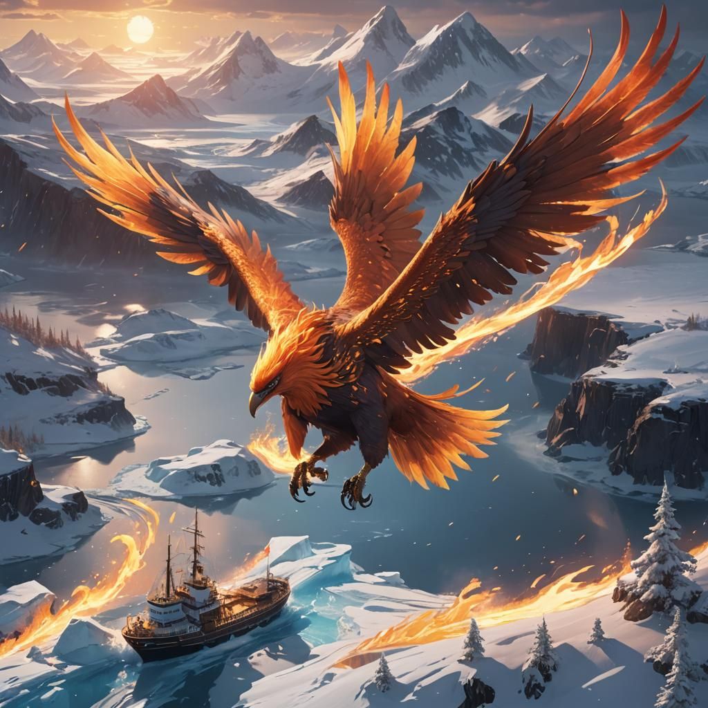 Blazing Phoenix Melts Arctic Ice: Anime Art