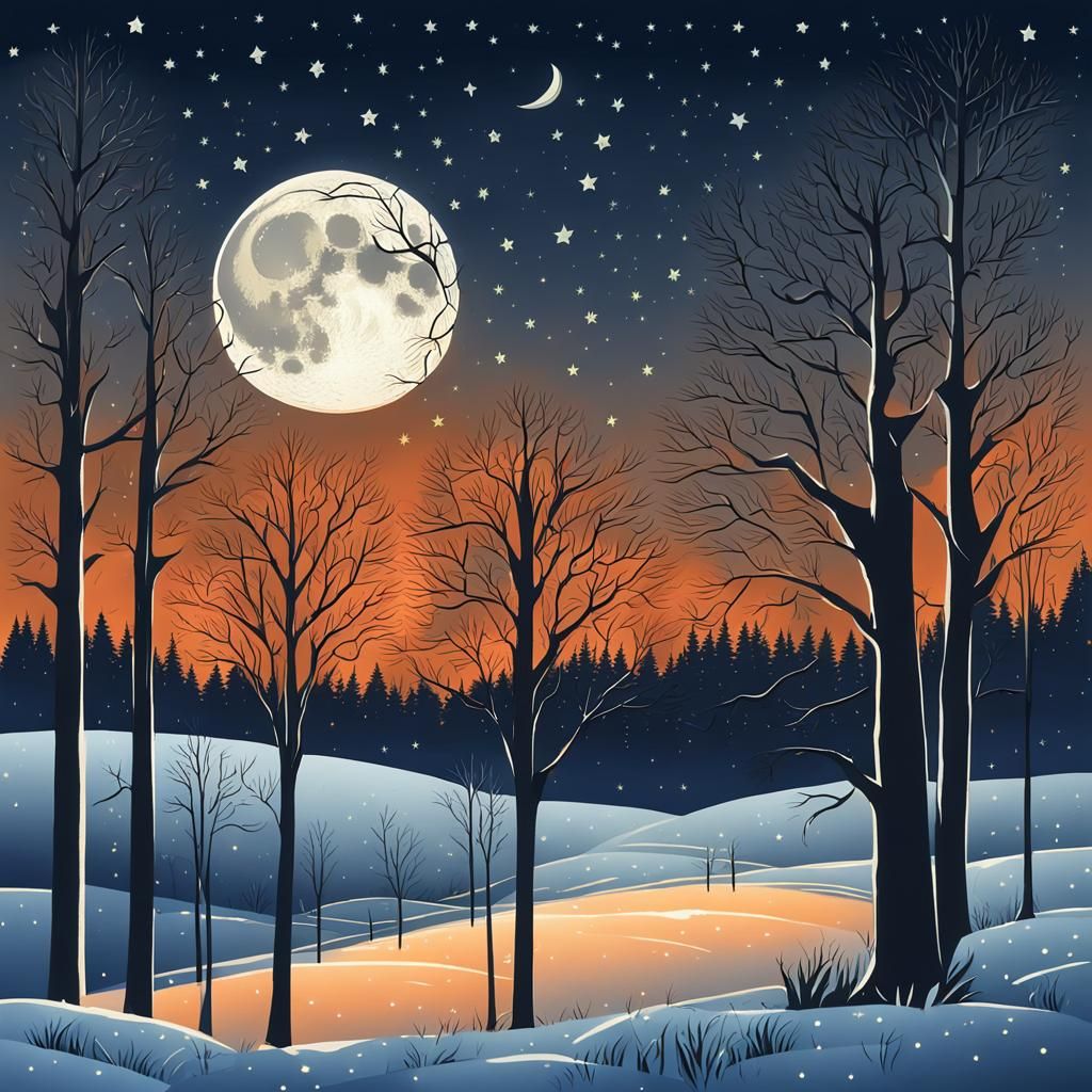 Starlit Winter Evening with Bare Trees