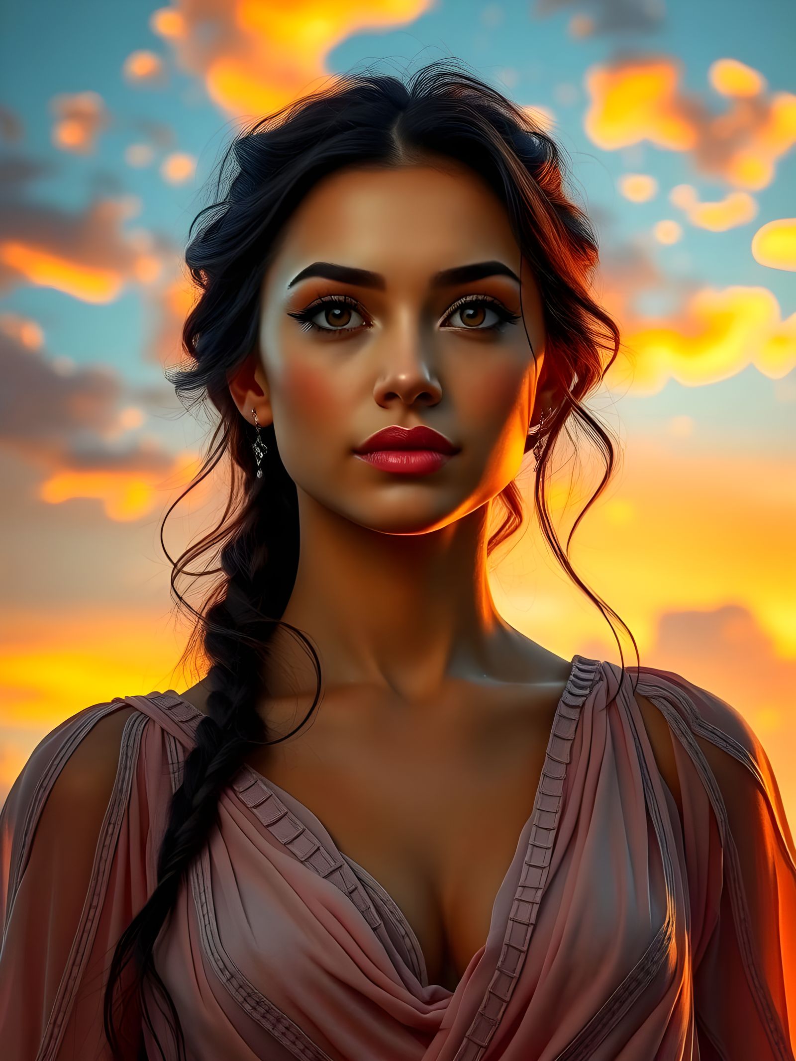 Hyperrealistic Woman Portrait with Colorful Sky