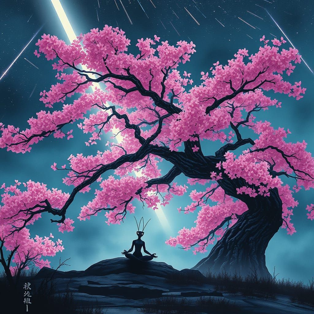Samurai Mantis Meditates Under Cherry Blossoms During Meteor...