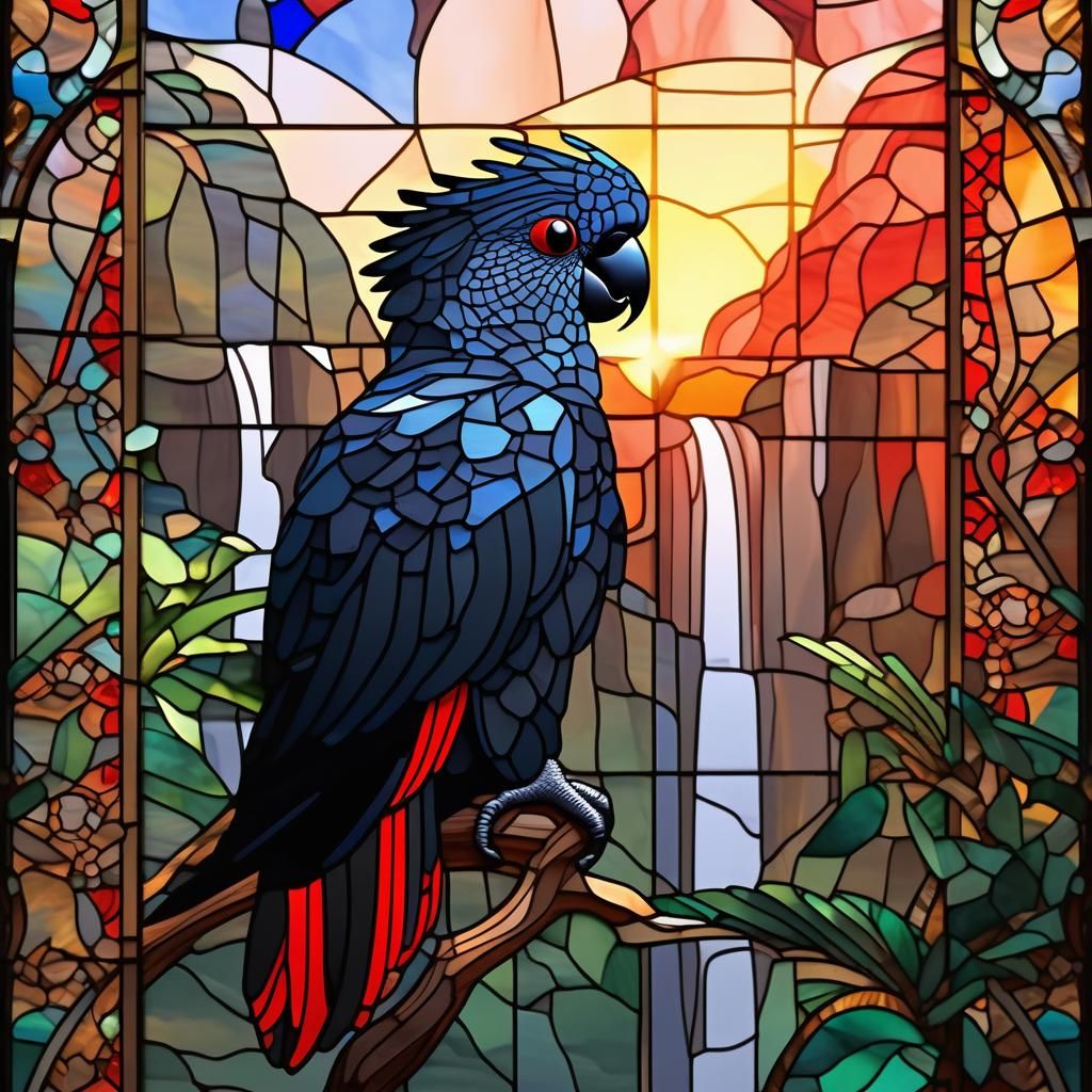 Stained Glass: Red-Tailed Black Cockatoo and Waterfall