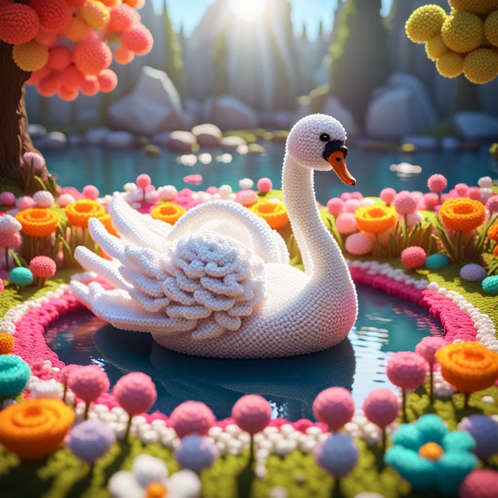 Vibrant Crocheted Swan Lake Diorama in 3D