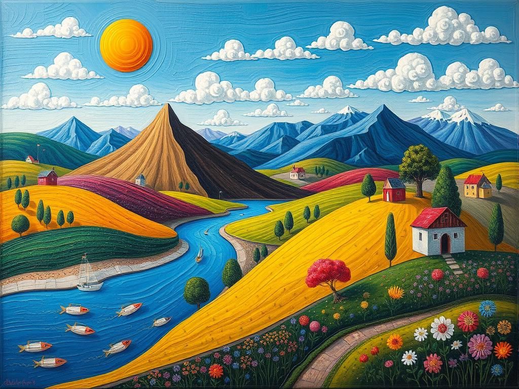 Colorful Surreal Landscape in Naive Art Style