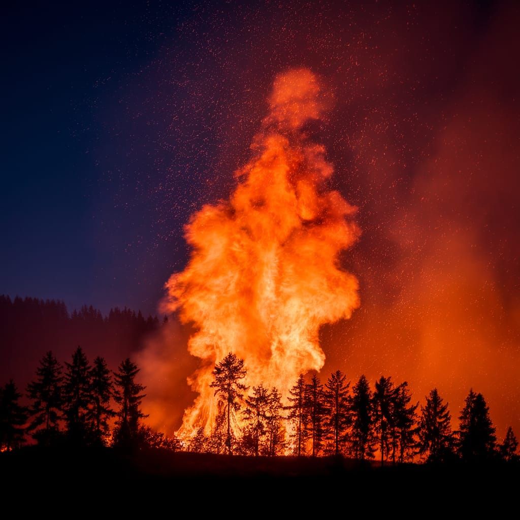 Vibrant Inferno Erupts Against Dark Night Sky
