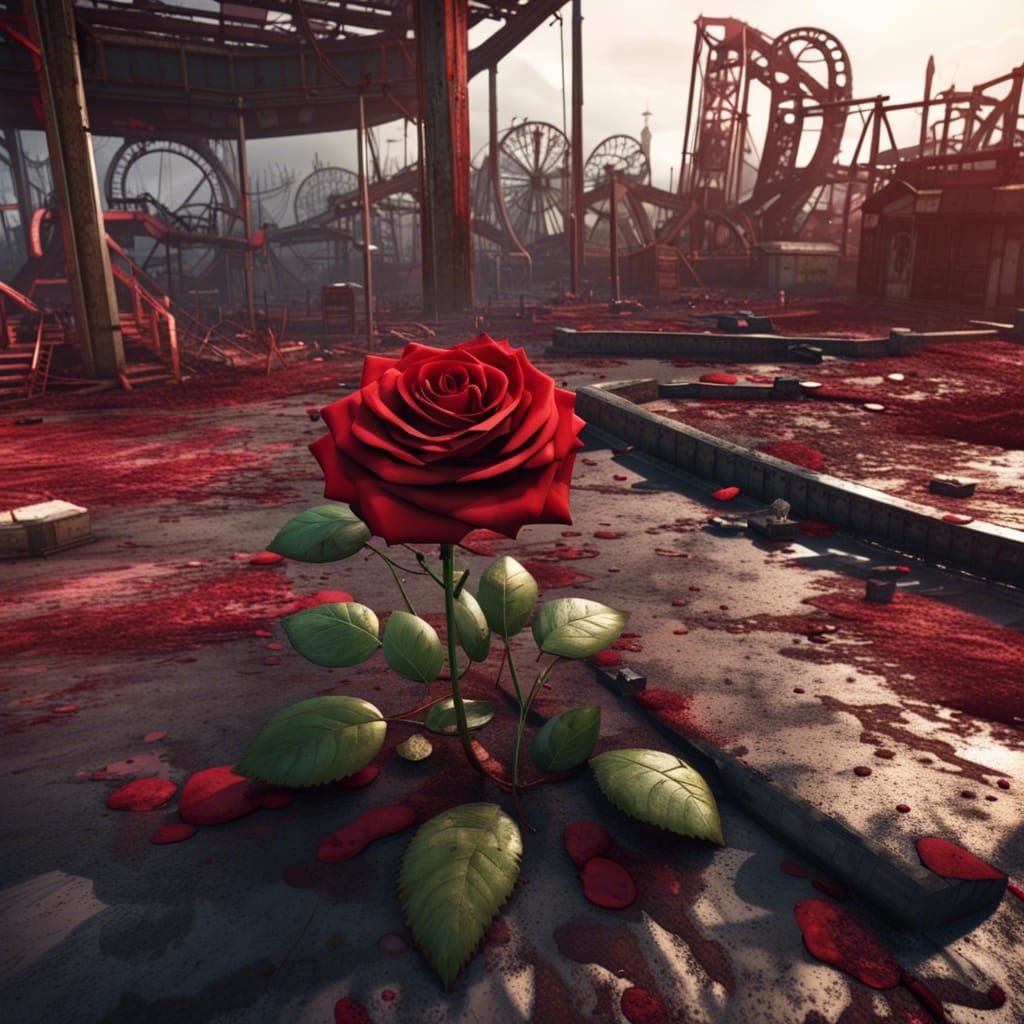 Post-Apocalyptic Amusement Park with Red Rose