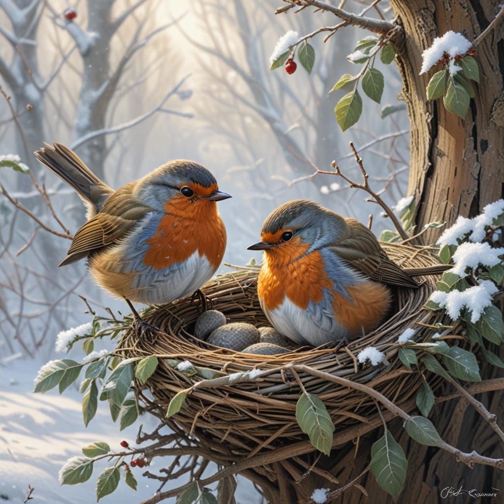 Cozy Robins in Snowy Nest, Pencil Sketch Style