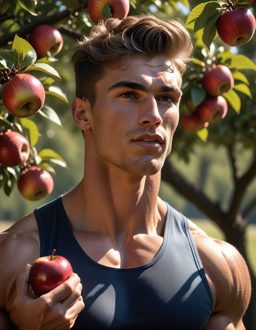 Chiseled Hero Bites into a Crisp Apple under Apple Trees