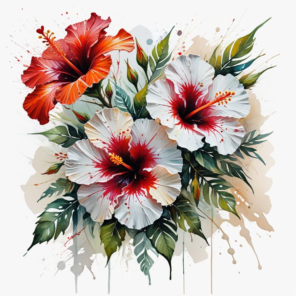 Hibiscus Bouquet Oil Impasto Painting in Afremov Style