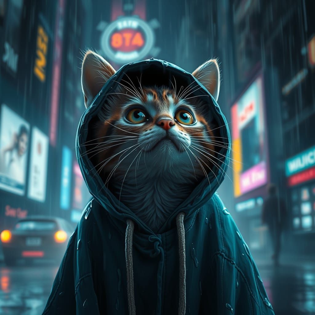 Futuristic Kitten in Rainy Cityscape