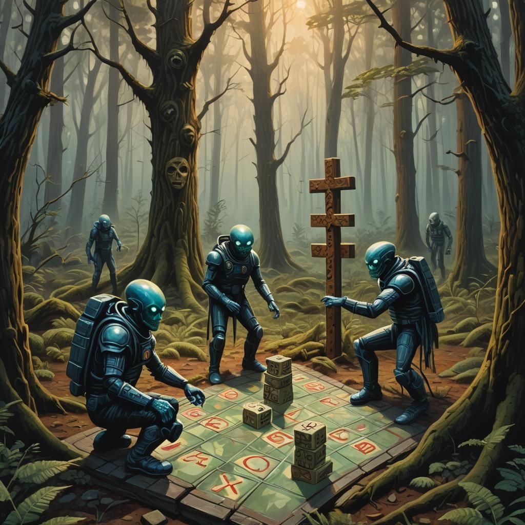 Alien Humanoids Play Tic-Tac-Toe in Gouache Style
