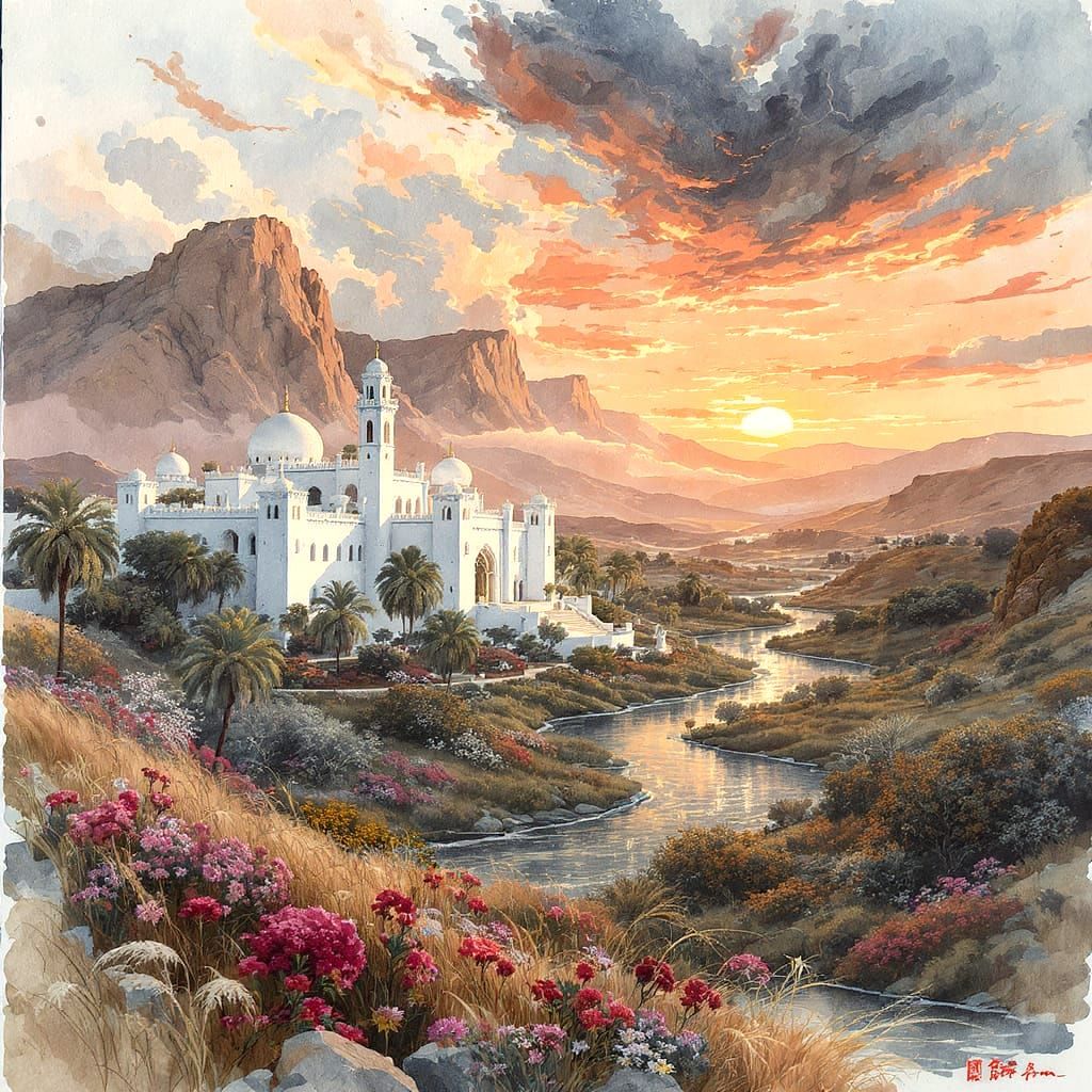 Maroccan Palace Oasis in Digital Watercolor Art