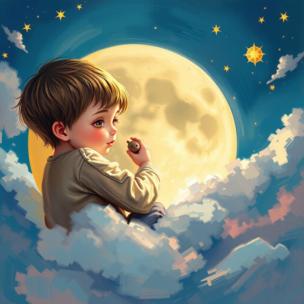 Child Sleeping on Moon in Impressionistic Style