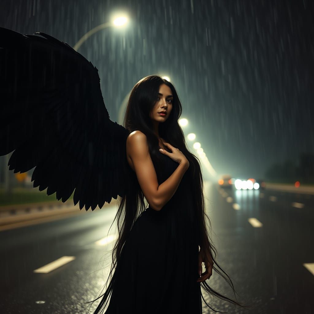 Mysterious Fallen Angel Under Rainy Night Sky