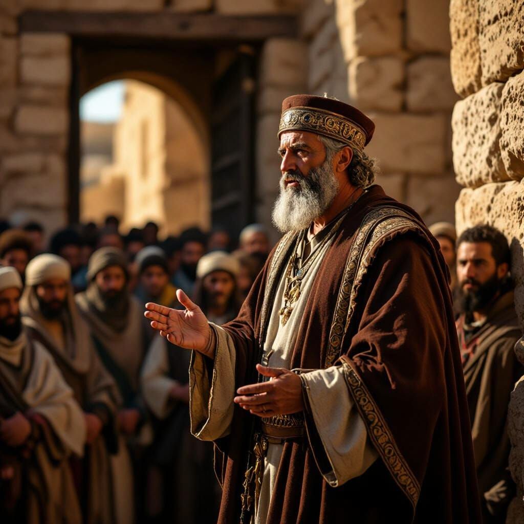 Ancient Israel Judge Addresses Crowd: Realistic Painting