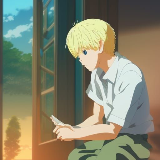 Cute Blond Boy in Studio Ghibli Anime Style