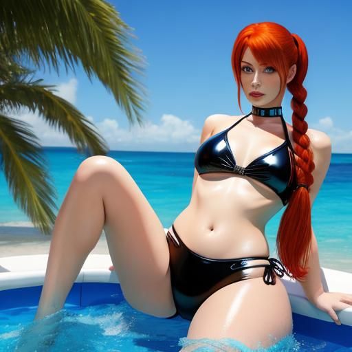 Redhead in Latex Bikini: AI Generated Image